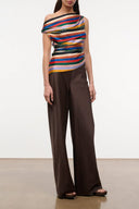 Silk off-shoulder top with multicolor artist stripe print