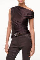 Dark brown one-shoulder silk top with cowl neckline and ruched waist