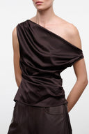 Dark brown silk one-shoulder draped top with gathered waist detail