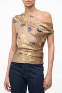Vintage floral silk one-shoulder draped top in beige with yellow and blue print