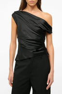 Black silk one-shoulder draped top with side ruching