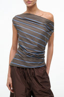 One-shoulder striped top in dark gray with blue horizontal lines, ruched drape