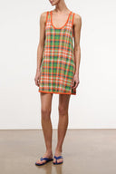 Sleeveless plaid dress with scoop neck, orange green and yellow check pattern