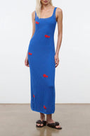 Blue sleeveless maxi dress with scoop neck and red cherry embroidery