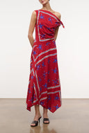 Red and blue printed midi dress with asymmetrical tie-drape bodice