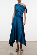 Portia silk dress in teal-blue with one-shoulder drape knot and asymmetrical high-low hem