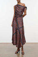 Silk dress with multicolor geometric stripe print, one-shoulder drape, sleeveless
