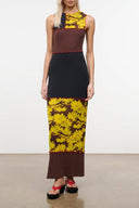 Sleeveless midi dress with yellow daisy print panels and brown contrast yoke