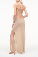 Champagne backless sequin slip dress with thin straps and thigh-high side slit