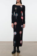 Black long-sleeve midi dress with colorful embroidered dreamcatcher motifs