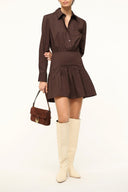 Brown mini shirt dress with button placket, collared neck, gathered waist and flared skirt