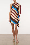 Sleeveless silk dress with brown, cream and blue diagonal stripes, draped asym hem