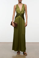 Olive green silk maxi dress with twist V-neck and knot waist