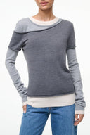 Heather grey multi long-sleeve crewneck pullover top with contrast ribbed cuffs
