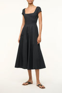 Black short-sleeve fit-and-flare dress with square neckline and midi skirt