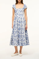 Blue toile short-sleeve dress with square neckline and tiered skirt
