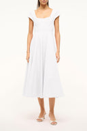 White short-sleeve midi dress with square neckline and gathered waist, A-line skirt