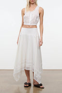 Ivory sleeveless ruffle-neck crop top with soft pleated front