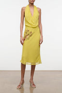 Citron yellow draped cowl-neck midi dress with sleeveless cut and embroidered front
