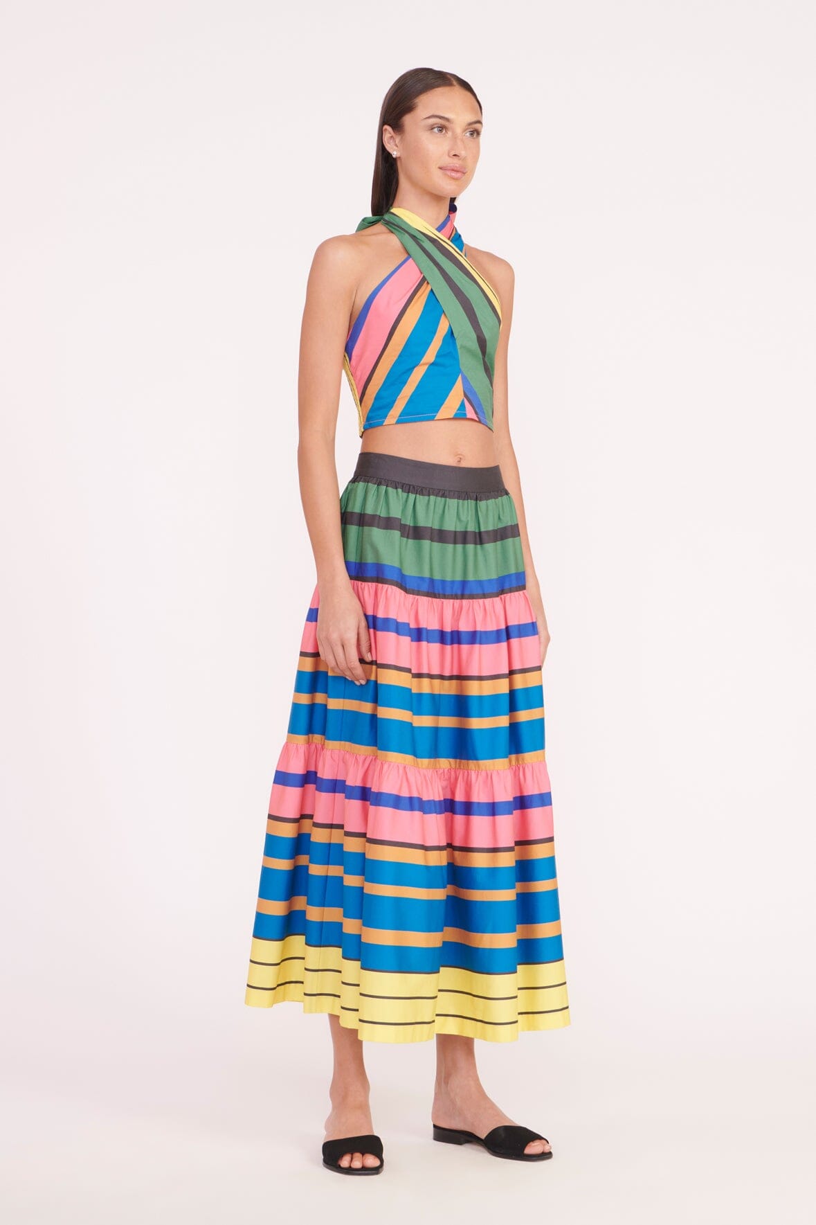 White sand contrast stripe 2025 midi skirt in green multi