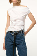 White ruched off-shoulder sleeveless blouse top with draped neckline