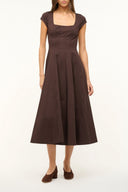 Brown short sleeve dress with square neckline, fitted bodice, and flared midi skirt