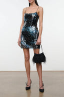 Sparkly sequin mini dress with thin spaghetti straps and square neckline