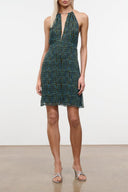 Sleeveless halter dress with vertical teal and dark stripes, above-knee length