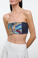 Strapless tube top with multicolor embellished panel and solid dark side