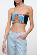 Tommy tube top with black base and colorful portrait graphic front