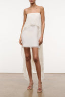 White sleeveless mini dress with spaghetti straps and layered sheer skirt