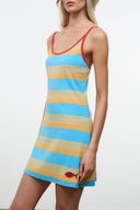Sleeveless striped mini dress in blue and orange with red-trim V-neck