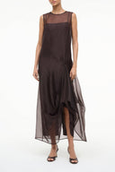 Earth brown sleeveless sheer overlay dress with draped hem and front slit