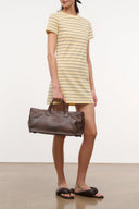 Women's short-sleeve striped dress with crew neck, above-knee length, cream and navy