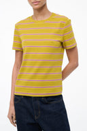 Chartreuse striped crew-neck T-shirt with short sleeves, multicolor horizontal stripes
