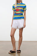 Crew-neck tee with multicolor horizontal stripes and colorful front graphic