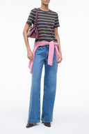 Striped crew-neck tee with short sleeves, dark green and light horizontal stripes