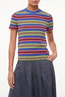 Multicolor striped crew-neck tee with blue collar and short sleeves