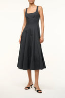Black sleeveless fit-and-flare midi dress with gathered skirt