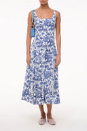 Blue toile print midi dress, square neckline, thin straps, tiered skirt