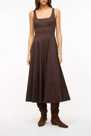 Earth brown sleeveless square-neck midi dress with fitted bodice and flared skirt