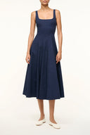 Wells navy sleeveless fit-and-flare dress with square neckline, midi length