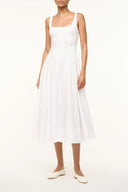 White sleeveless midi dress with square neckline and pleated bodice