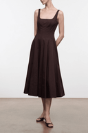 Dark brown sleeveless midi dress with square neckline and pleated, swingy skirt