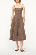 Sleeveless dark brown micro-striped midi dress, straight neckline, gathered skirt