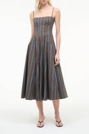 Sleeveless striped midi dress with spaghetti straps and fitted bodice