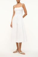 Wylie sleeveless white midi dress with square neckline and fitted waist