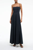 Black maxi dress with spaghetti straps and square neckline, gathered full skirt.
