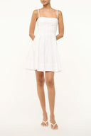 White mini dress with spaghetti straps, square neckline, flared gathered skirt