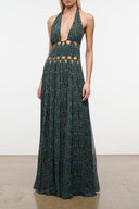 ZARIA halter maxi dress with vertical stripe print, halter neck and gathered waist
